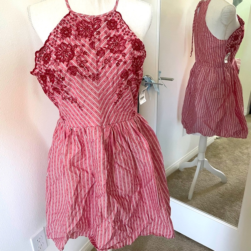 Red mini dress with embroidered neckline